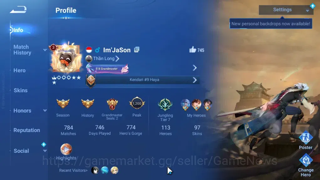 Honor of Kings Accounts Rare Skin Hero 113 Skin 97|Legend Lam,Yao,KIC Luna,Limited Yuhuan,SaintSeiya Gold Leo,GM 2