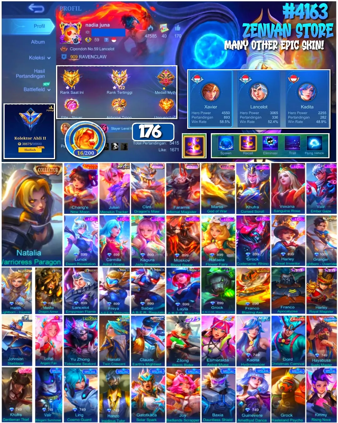 Mobile Legends: Bang Bang Accounts 🔥 #4163 🔥 💎 176 Skins 👑 Collector Natalia Warrioress Paragon ⚔️ Expert Collector II 1
