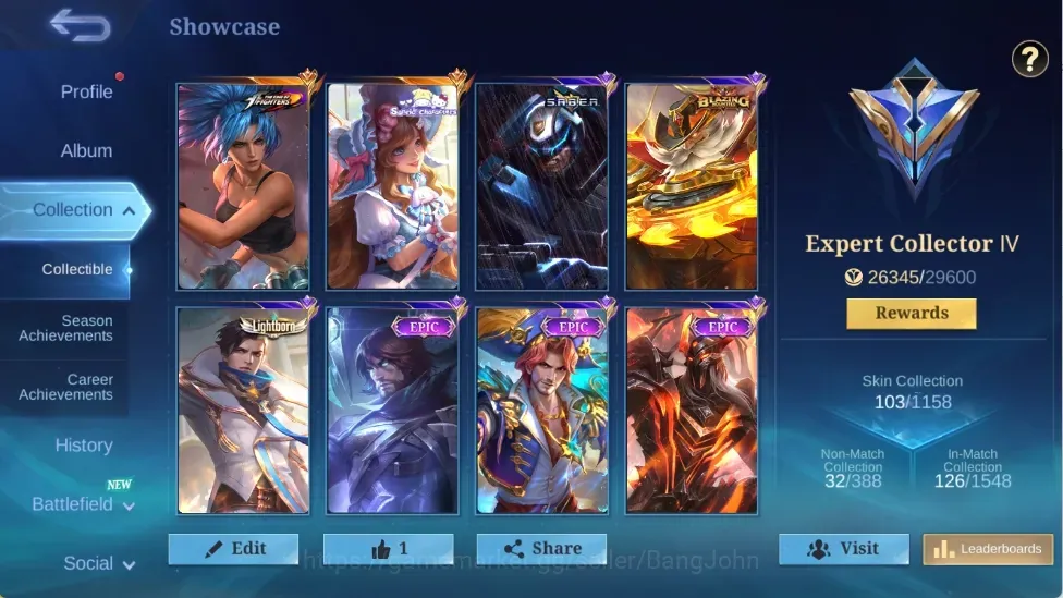 Mobile Legends: Bang Bang Accounts Collector Global|75H 103S|Expert|KOF Karina|Sanrio Floryn|S.A.B.E.R. Johnson|Blazing 1