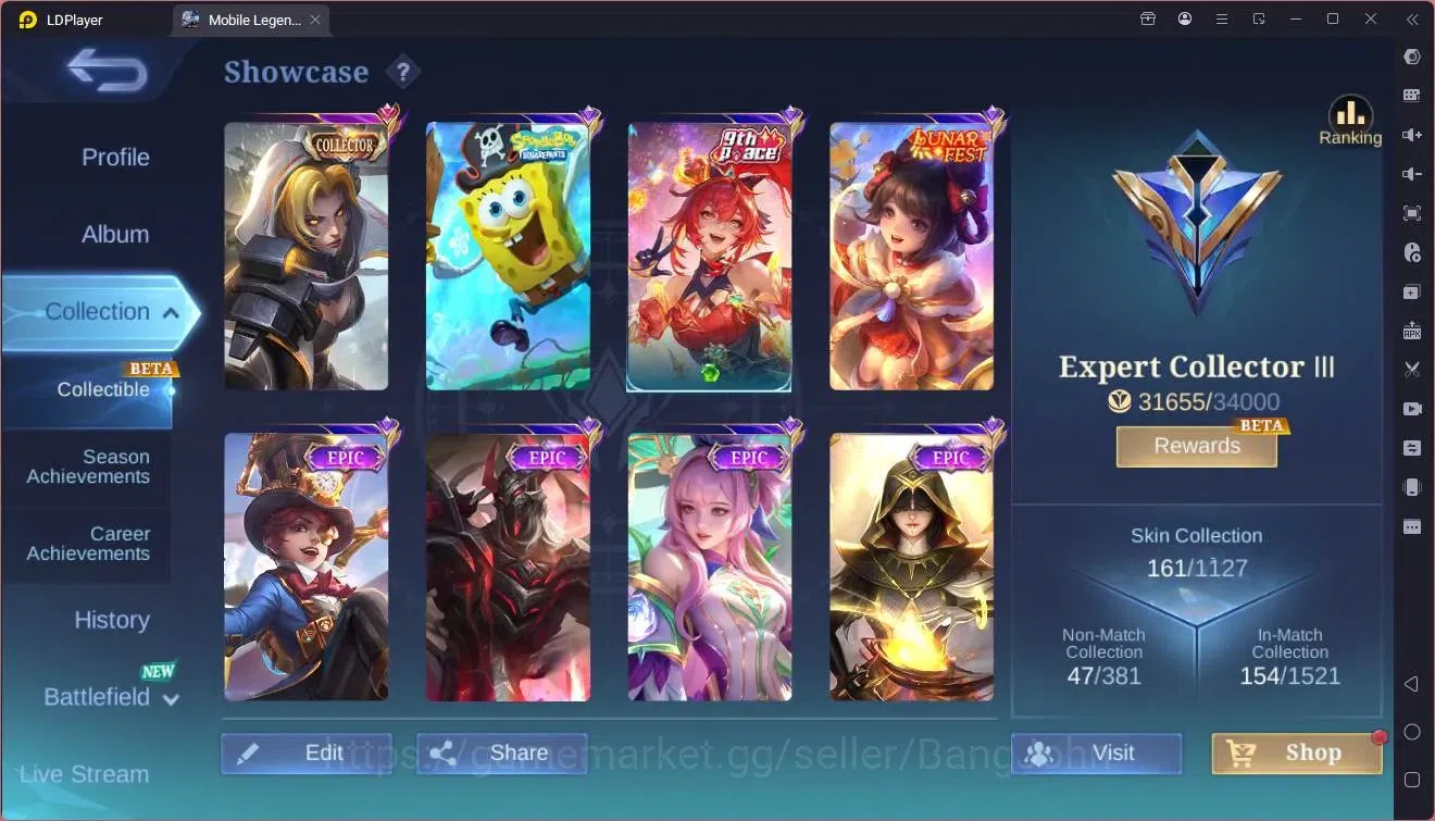 Mobile Legends: Bang Bang Accounts Collector Global |Hero 107|Skin 161|Expert|CC Natalia|Spongebob Cyclops|9th Fanny|Lunar 2