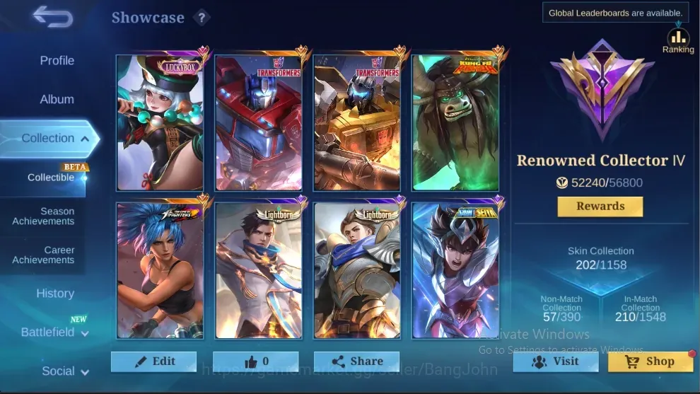 Mobile Legends: Bang Bang Accounts Collector Global|202 Skin|Renowned|TF Johnson Roger,Luckybox Ruby,KFP Thamuz,Lightborn 1