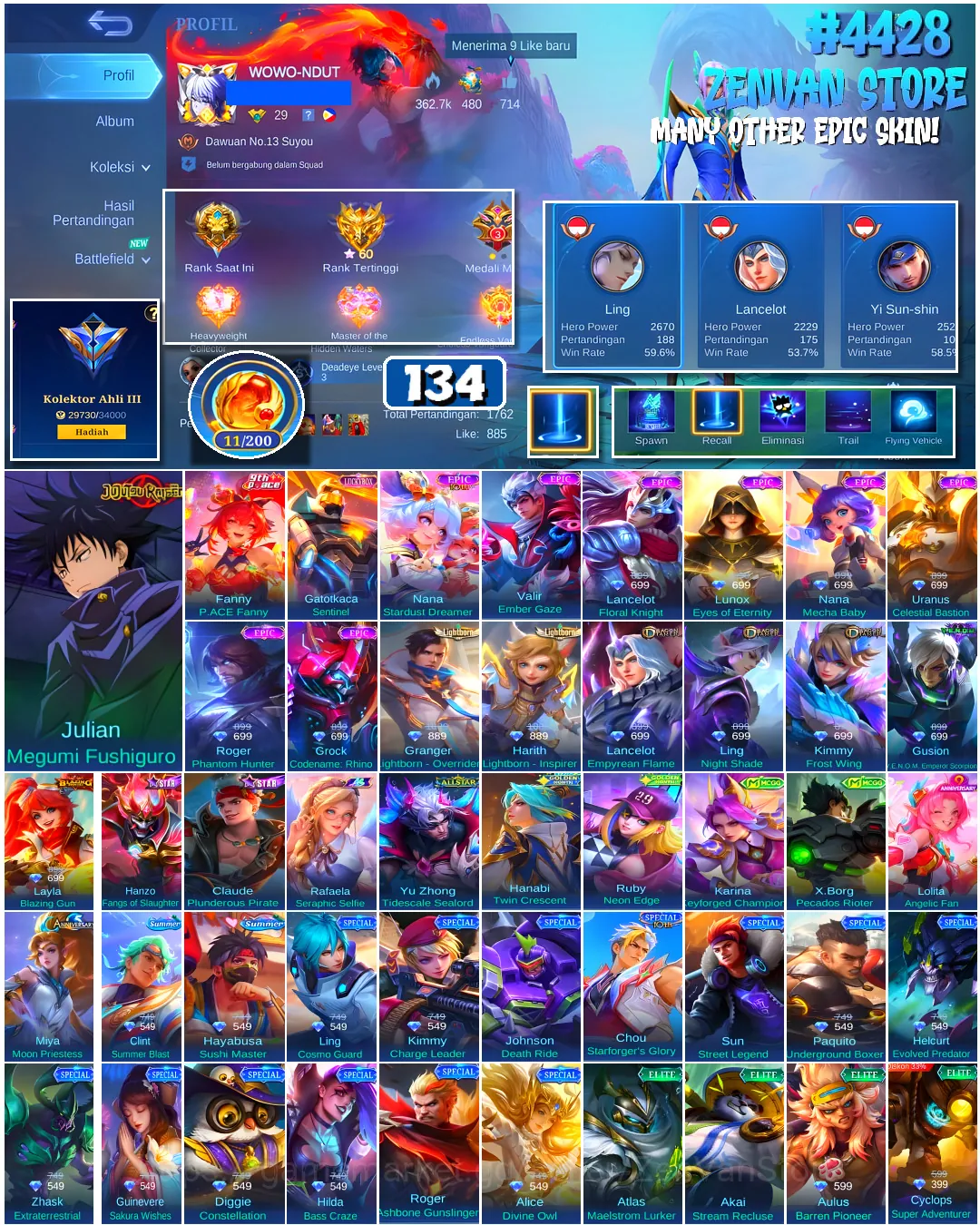 Mobile Legends: Bang Bang Accounts #4428 134 Skins | Julian Megumi Fushiguro (JUJUTSU KAISEN) | Lancelot Floral Knight 1