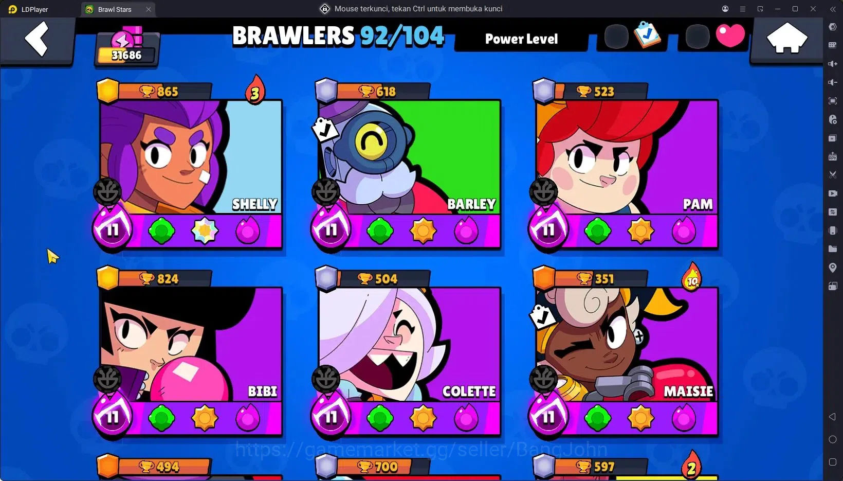 Brawl Stars Accounts Trophy 31686|92 Brawler|11 Max Hypercharge|3 Hc(Kenji,Buzz,Poco),6 Legend,7 Mythic|9589 Bling 17