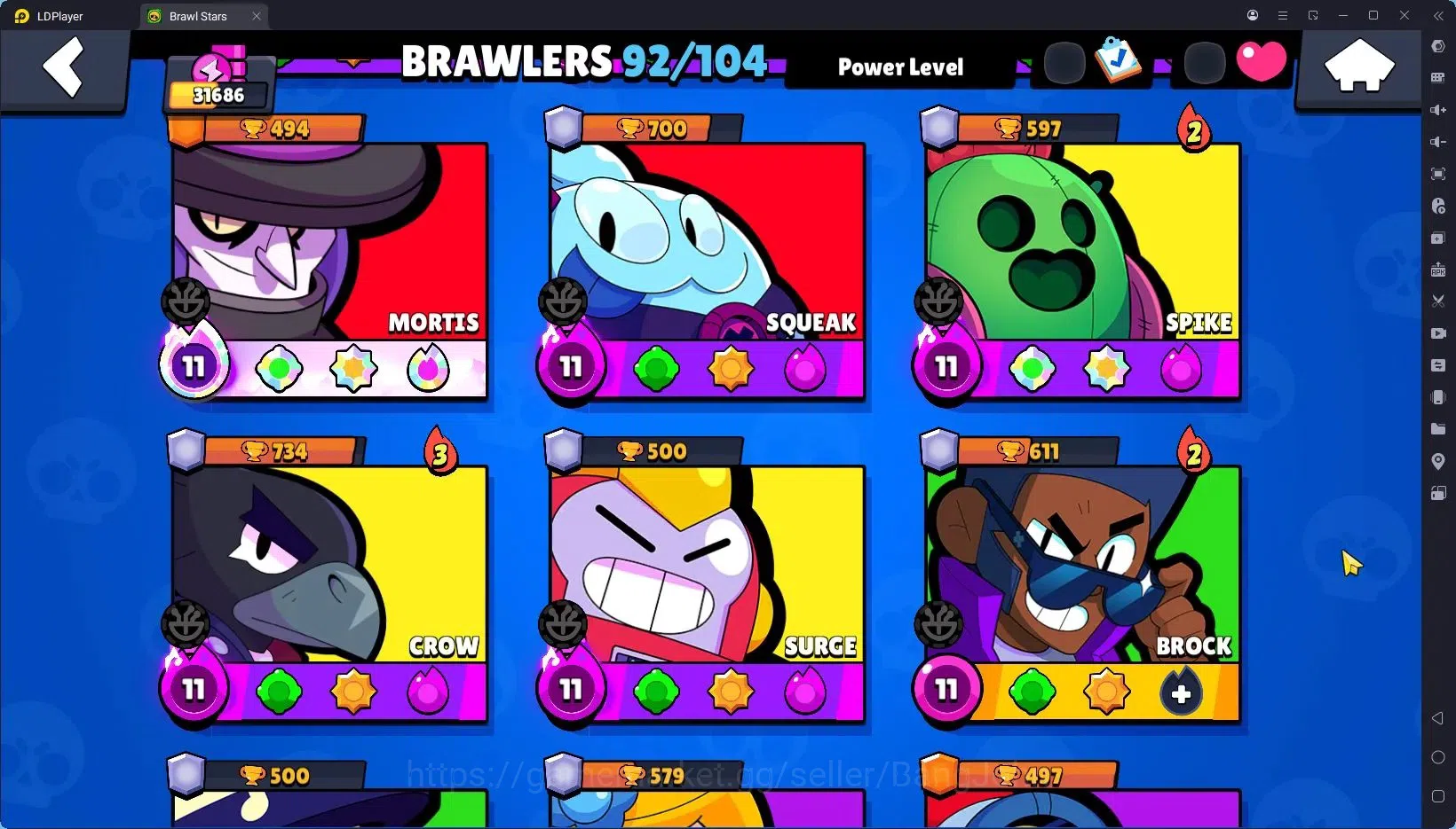 Brawl Stars Accounts Trophy 31686|92 Brawler|11 Max Hypercharge|3 Hc(Kenji,Buzz,Poco),6 Legend,7 Mythic|9589 Bling 18