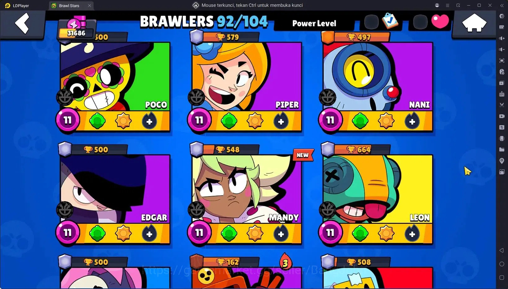 Brawl Stars Accounts Trophy 31686|92 Brawler|11 Max Hypercharge|3 Hc(Kenji,Buzz,Poco),6 Legend,7 Mythic|9589 Bling 19