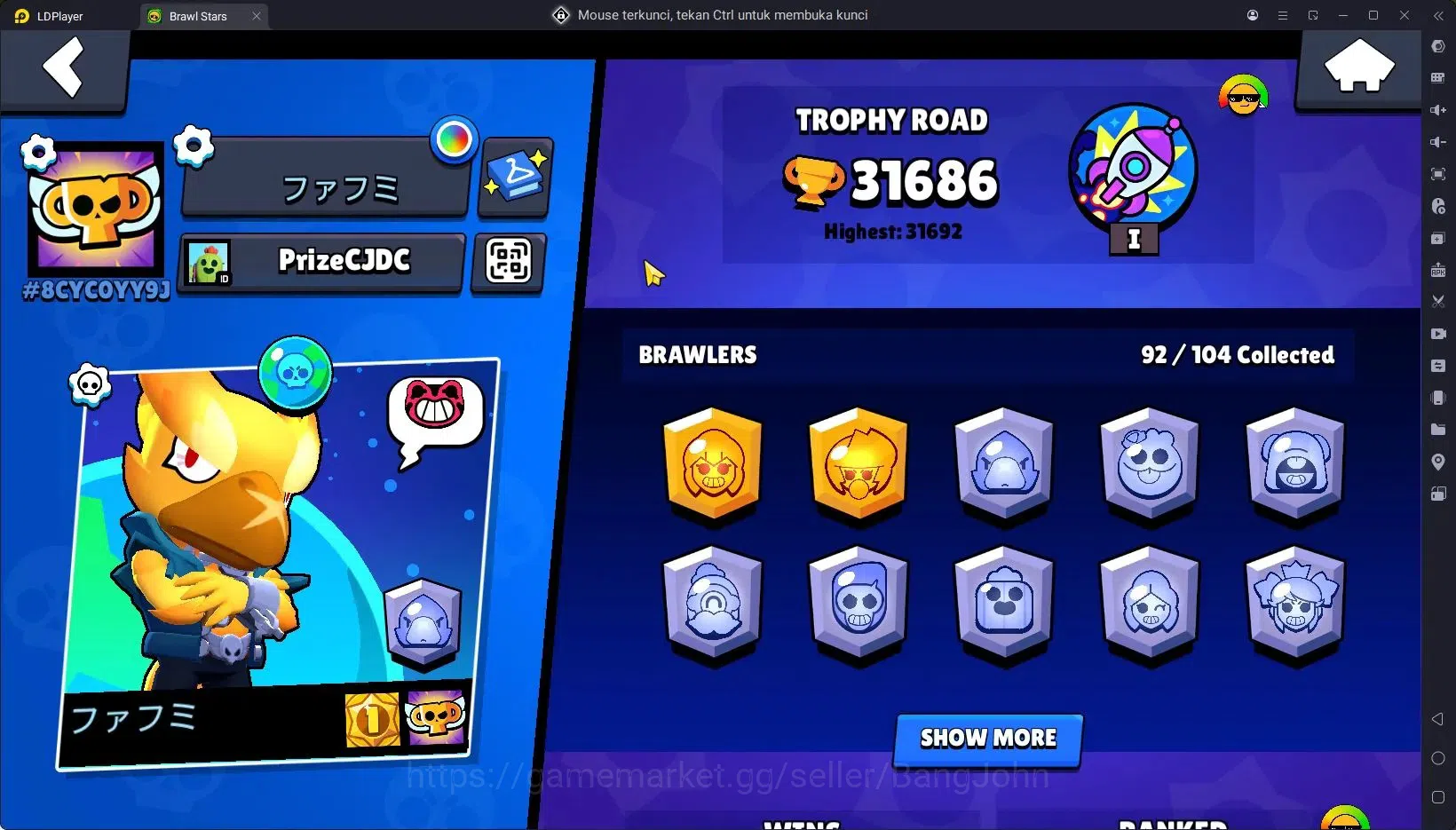 Brawl Stars Accounts Trophy 31686|92 Brawler|11 Max Hypercharge|3 Hc(Kenji,Buzz,Poco),6 Legend,7 Mythic|9589 Bling 2