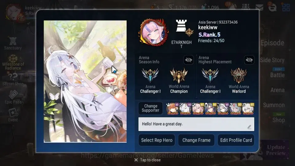 Epic Seven Accounts High-End ASIA VERIF|22 ML(Salome,LOTScales,GRas,BArunka)+PFbyblis,Rinak,Etc|AUTO WB Hunt|1K SStone+1K 2