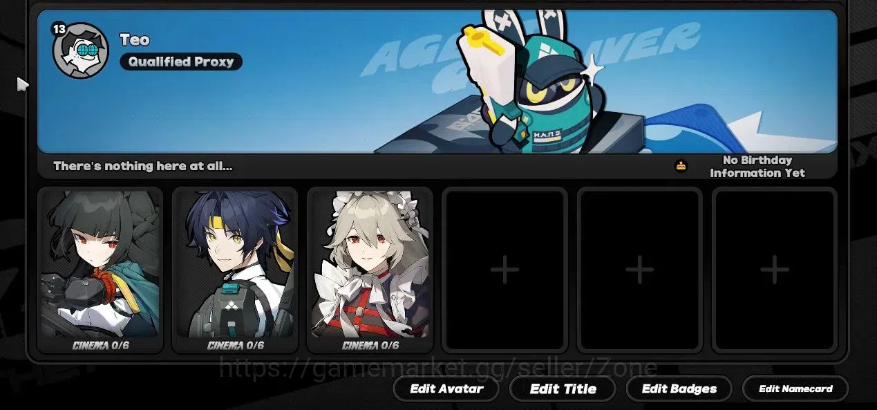 Zenless Zone Zero Accounts Starter ASIA|Starter IK13 | Select 2 Limited S-Rank Agent (Miyabi,Harumasa)|MC Belle| 1620 1