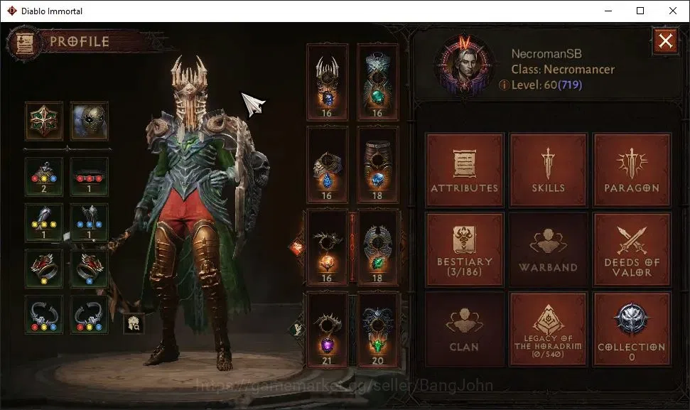 Diablo Immortal Accounts High-End NA - High Heaven |60 (719) Necromancer - Slinger |CR 41k |Reso 540|L30 (4*) Stormlost 1