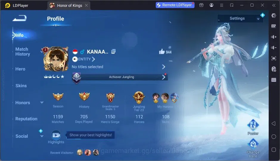 Honor of Kings Accounts Global | 112H 108S | KIC Luna, Legend Yao, LNY Yin image 1