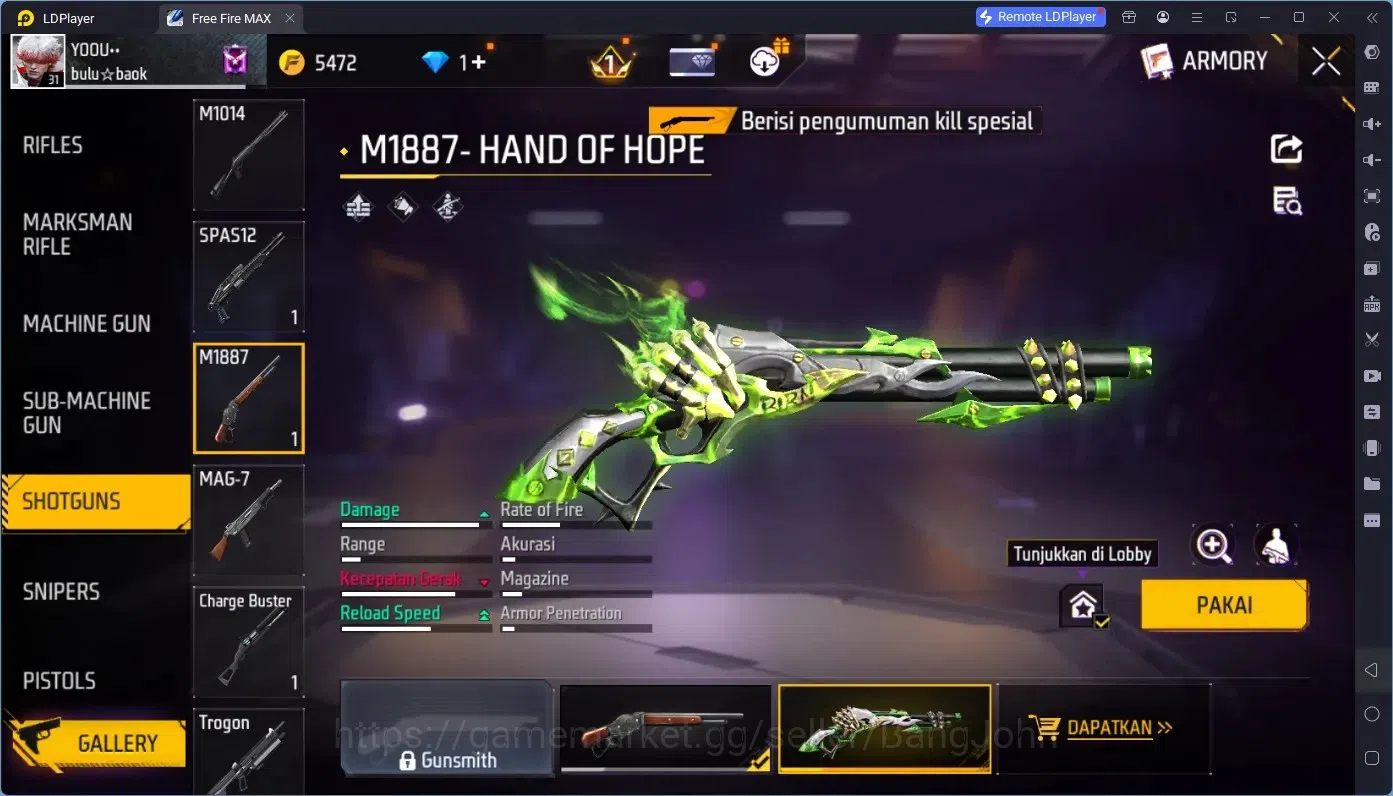 Free Fire Accounts Indonesia | Vault 136 | M1887- Hand of Hope | Hare image 2