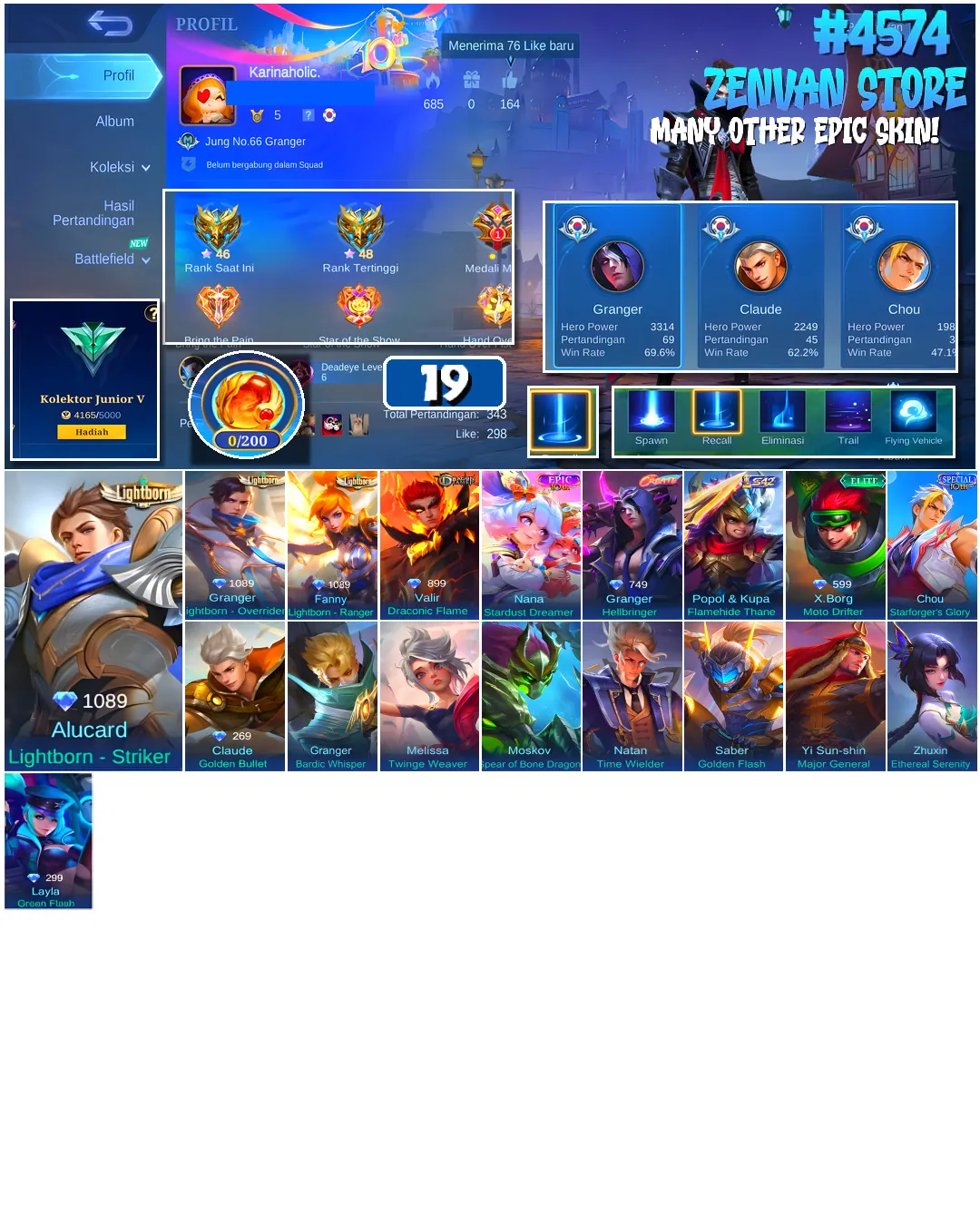 Mobile Legends: Bang Bang Accounts #4574 19 Skins | Nana Stardust Dreamer (EPIC) | Alucard Lightborn - Striker (LIGHTBORN 1