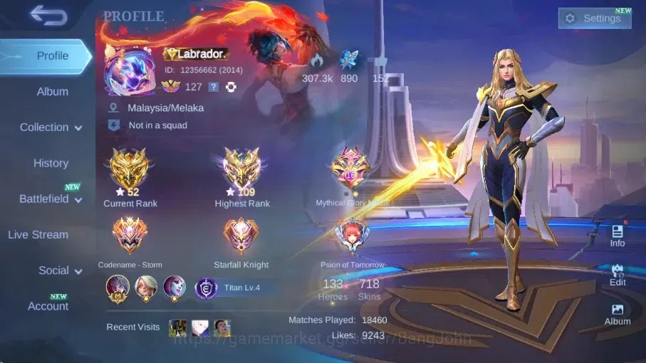 Mobile Legends: Bang Bang Accounts Rare Skin Global|Skin 718|World|Legend 7(Guinever),Aspirant 4,Dawning Lance,JJK 1