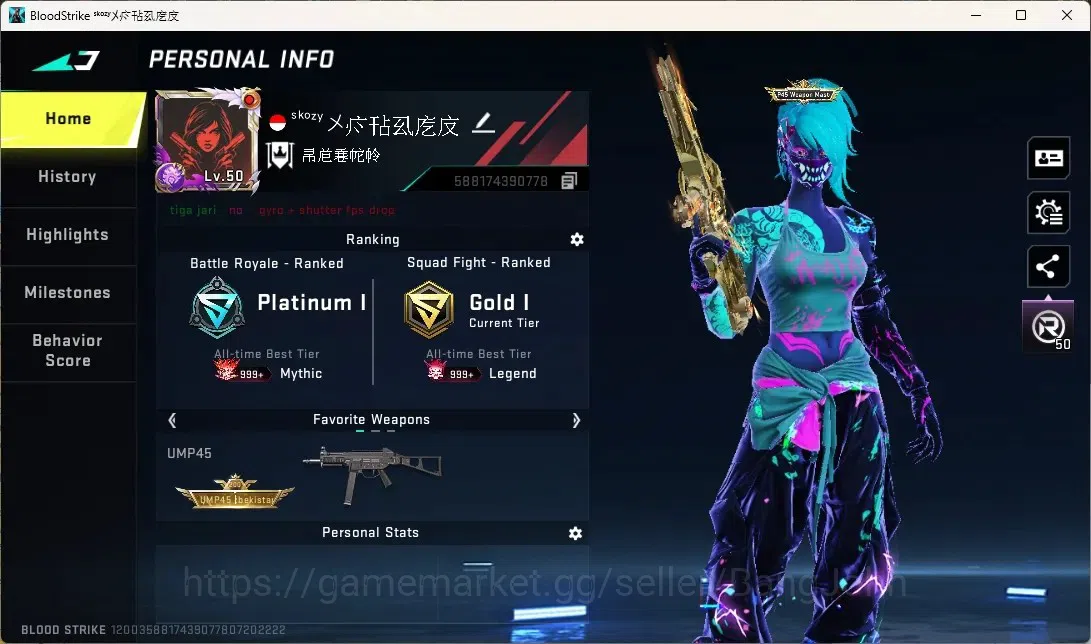 Blood Strike Accounts Collab Skin ASIA | 1 Eternal: UMP45-Infinite |2 Ultra Melee|6 Collab Guns| 11 ULTRA GUN | 1 Epic Name 1