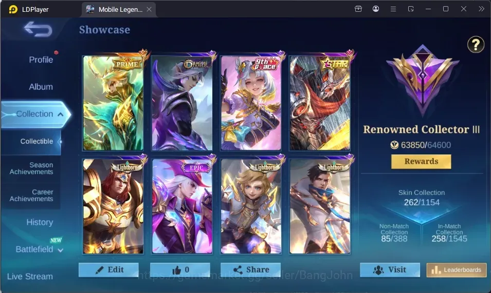 Mobile Legends: Bang Bang Accounts Collector Global|262S|Renowned|Prime Granger,Sanrio Floryn,Annual Hayabusa,Collector 1