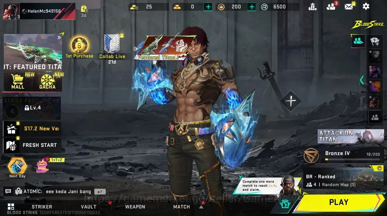 Blood Strike Accounts Collab Skin ASIA | ULTRA Melee Katar-Selachian | 1 ULTRA Striker Nacho-EDM | Name 1