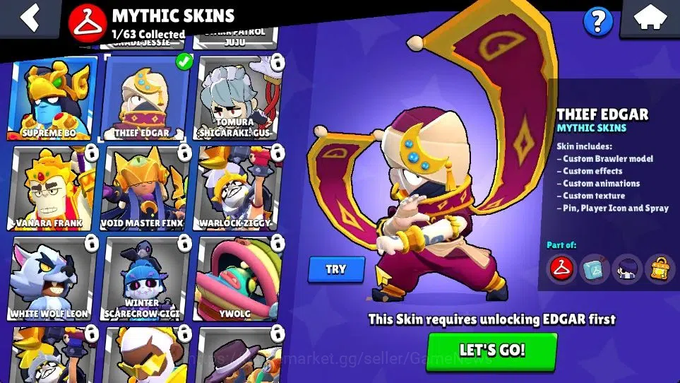 Brawl Stars Accounts 1013 Trophy|21K Bling|15 Brawlers 3 Max Lvl [Barley,Nita,Shelly]|1 Myth Skin (Thief Edgar) 1 Epic 2 8