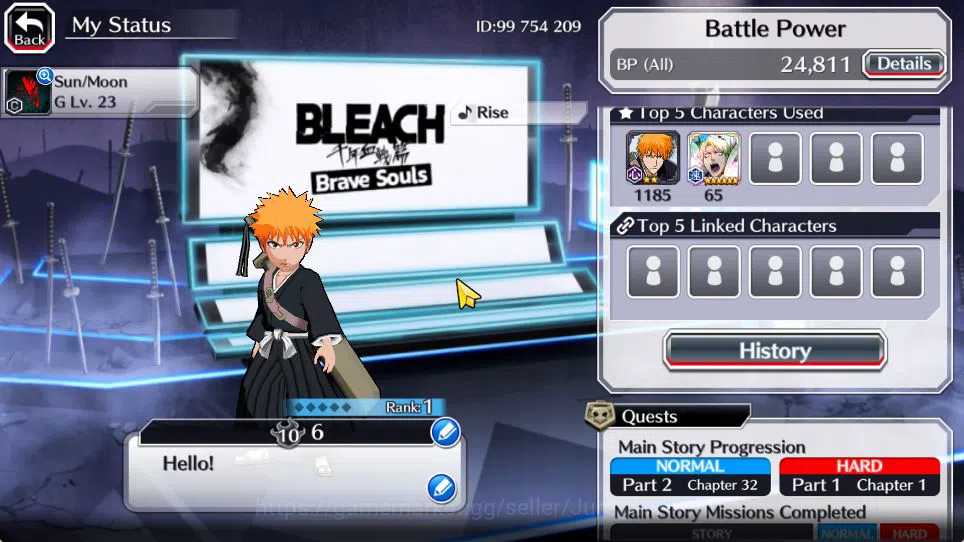 Bleach: Brave Souls Accounts Starter [GLOBAL]6k Orbs+Fresh All Story|Fierce Nnoitora,Brave Retsu,JPN Parasol Rukia|Klab 3