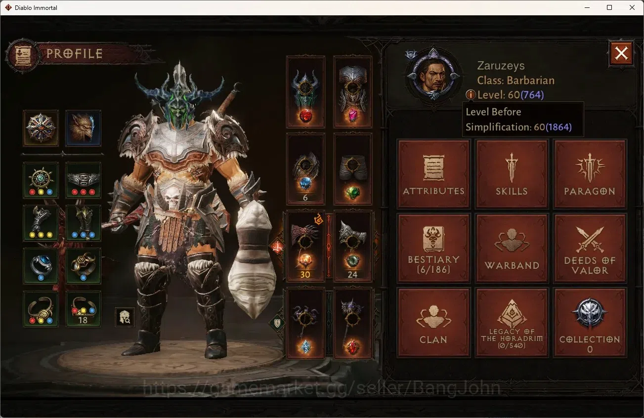 Diablo Immortal Accounts High-End NA - High Heavens | 60 (764) Barbarian-Harbinger | CR 40572 | Reso 330 | Inferno III | CS 1