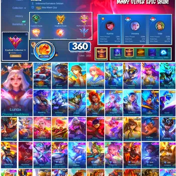 Mobile Legends: Bang Bang Accounts 🔥 #4143 🔥 💎 360 Skins 👑 Legend Lunox Divine Goddess ⚔️ Exalted Collector IV