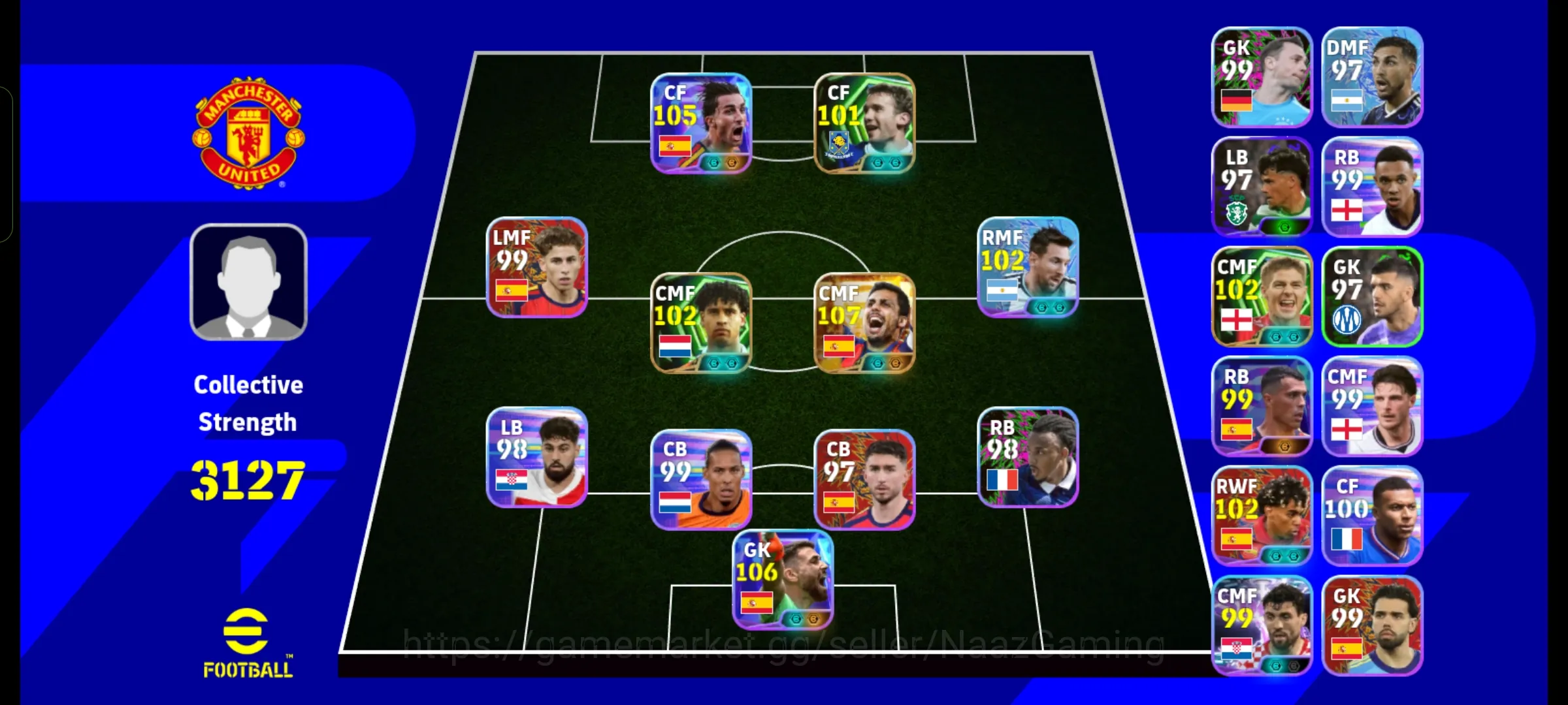 eFootball Accounts Starter 3127+ Team I Torres 105 I Rodri 107 I Simon 106 (GK) I Only Konami linked I 1