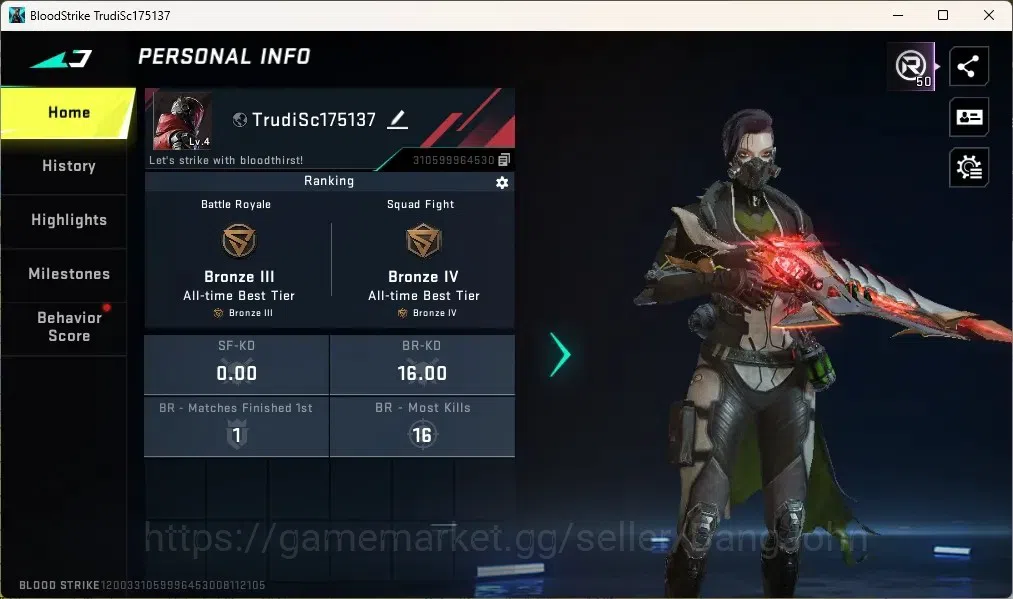 Blood Strike Accounts Others ASIA | Eternal Gun: Spear-Relic Lv.1 | 1 Epic Name-Changing Card |Check SS BS2757B 1