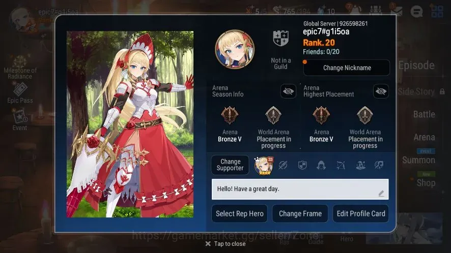 Epic Seven Accounts Starter Global|Unverif|Best Starter|2 ML(Sp.E.Celine,T.R.Elvira)+5(*5Heroes)|PoH+Bless ON|Stigma 1