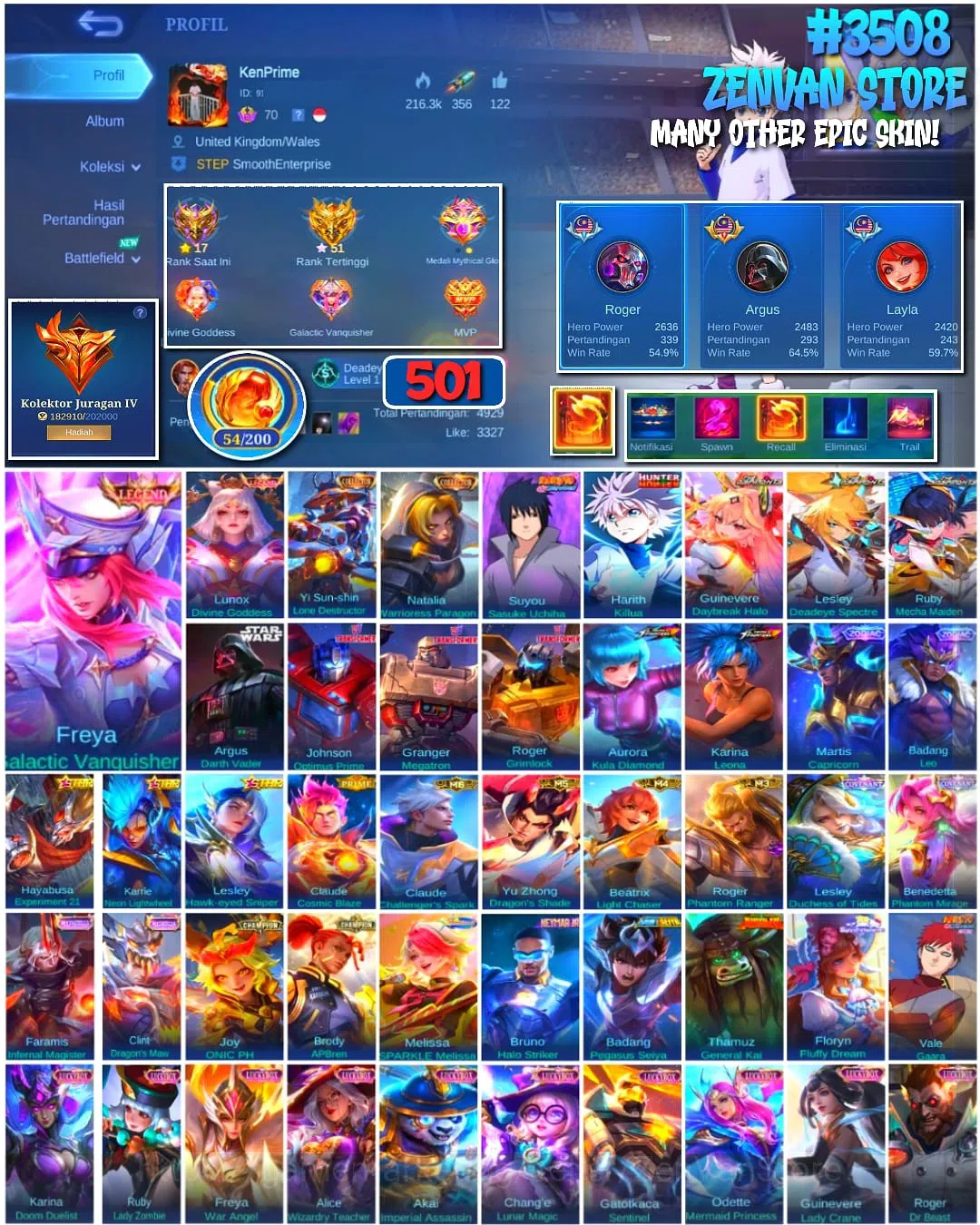 Mobile Legends: Bang Bang Accounts #3508 501 Skins | Legend Freya & Lunox | Collector image 1