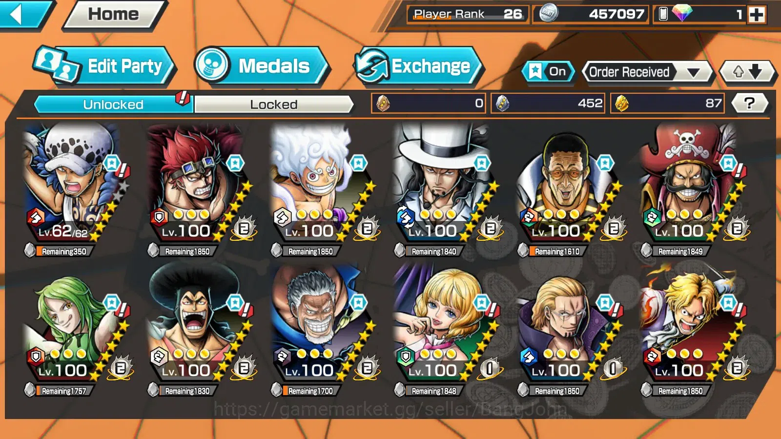 One Piece Bounty Rush Accounts Global|EX6|5EXMAX|PR 26|4E M.D.Luffy,AF Lucci,SK B image 11