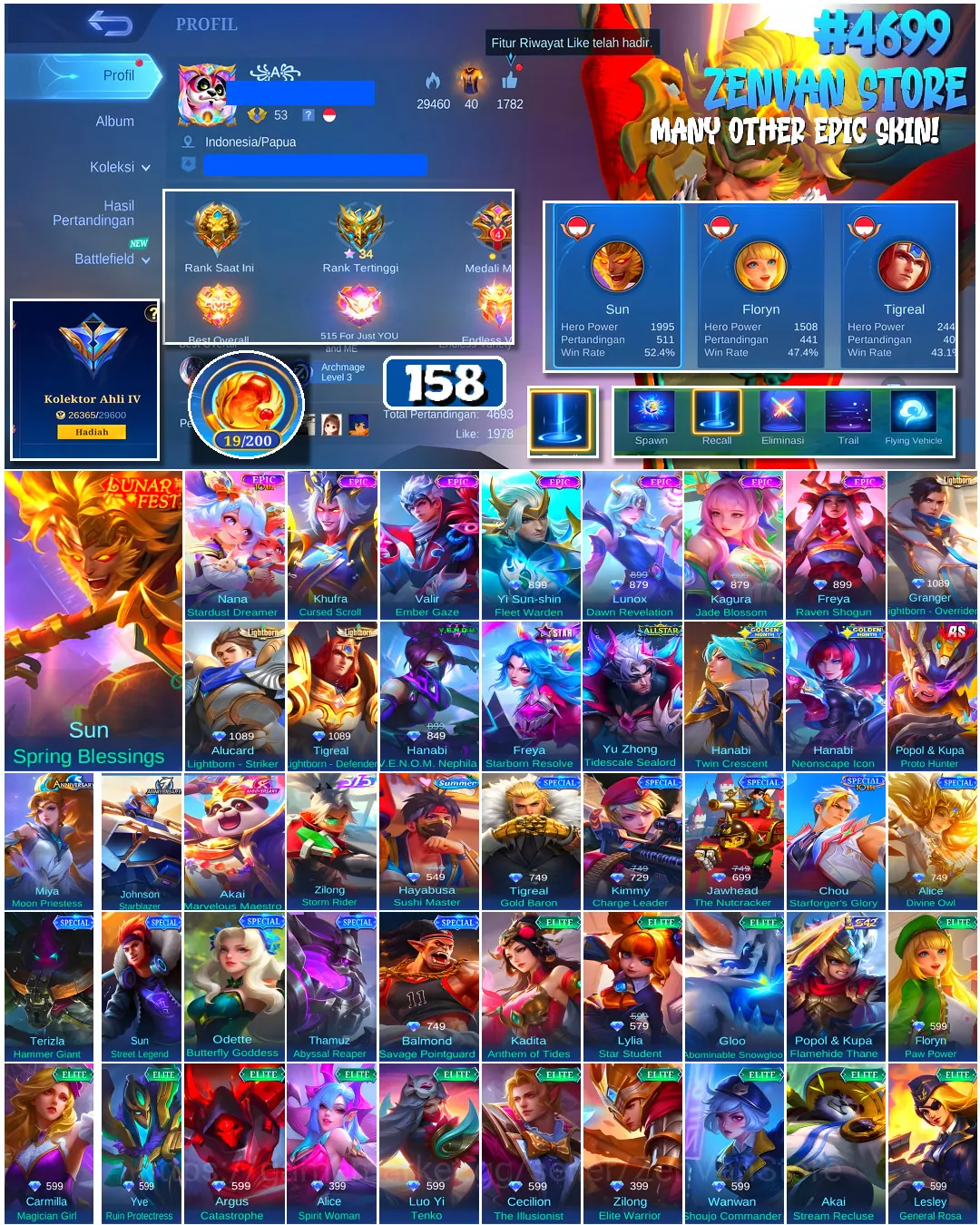 Mobile Legends: Bang Bang Accounts #4699 158 Skins | Sun Spring Blessings (LUNAR FESTIVAL) | Freya Raven Shogun (EPIC 1