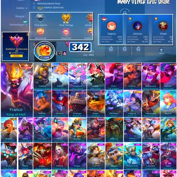 Mobile Legends: Bang Bang Accounts #4672 342 Skins | Franco King of Hell (LEGEND) | Chou Iori Yagami (KOF) | Dyrroth Orochi
