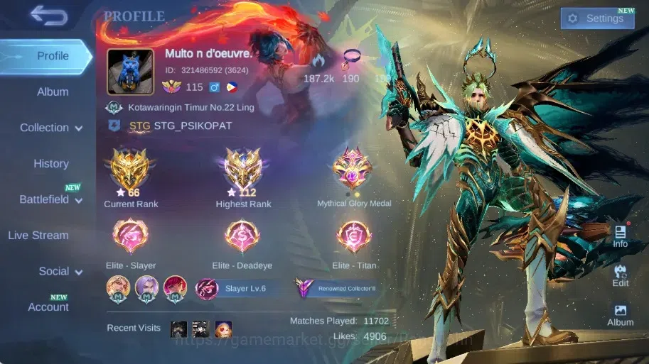 Mobile Legends: Bang Bang Accounts Others Global|Skin 285|Renowned|KOF Karina,PRIME Granger,Starlight Hayabusa,Collector 1