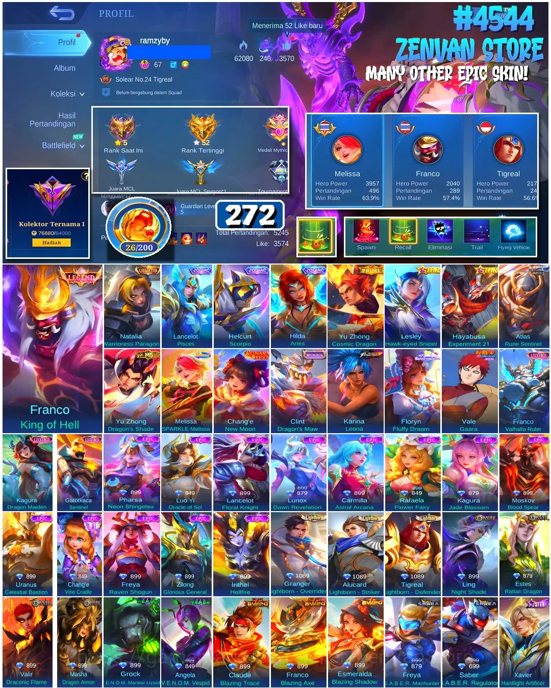 Mobile Legends: Bang Bang Accounts #4544 272 Skins | Franco King of Hell (LEGEND) | Floryn Fluffy Dream (SANRIO) | Karina 1