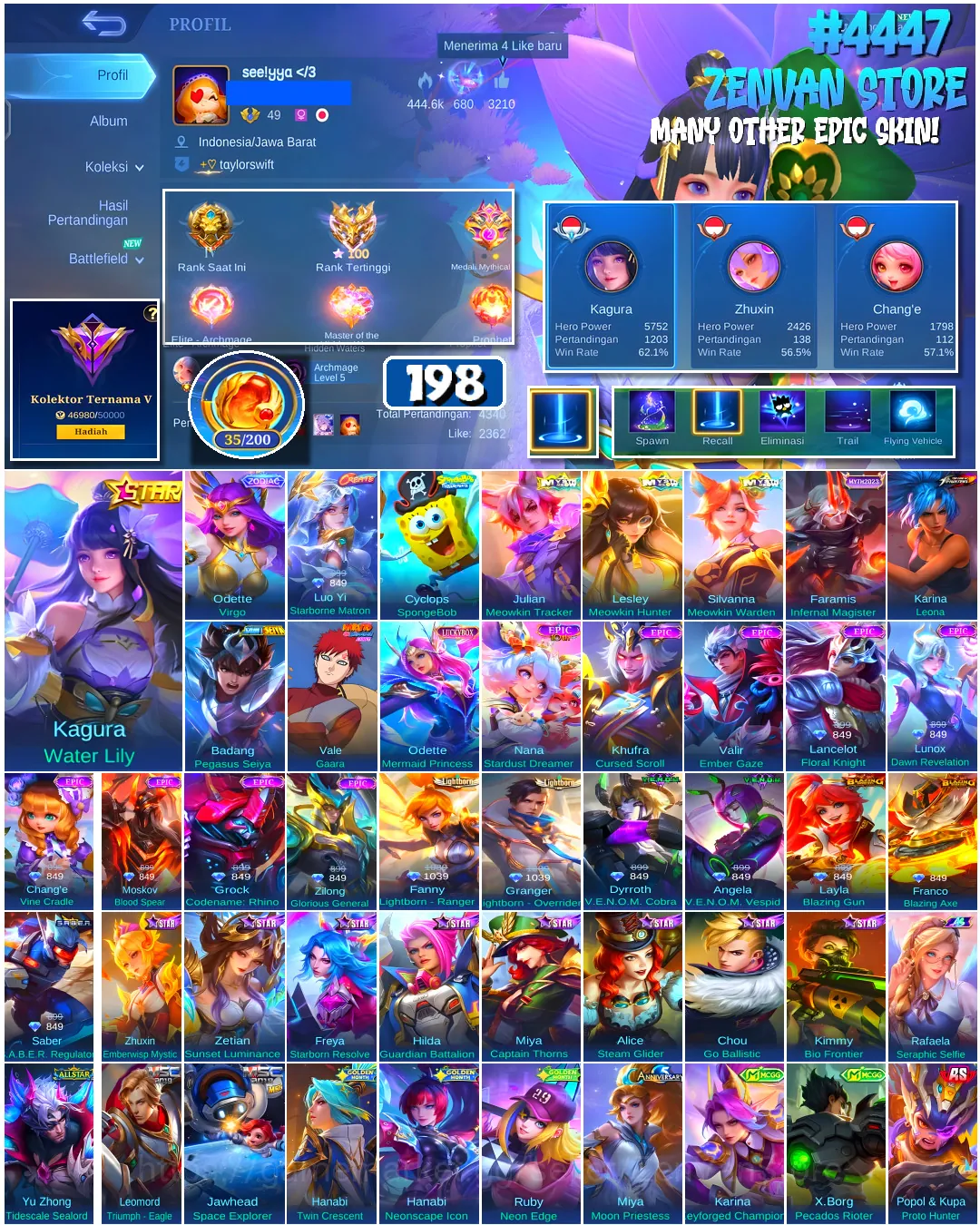 Mobile Legends: Bang Bang Accounts #4447 198 Skins | Karina Leona (KOF) | Badang Pegasus Seiya (SAINT SEIYA) | Cyclops 1