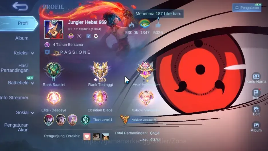 Mobile Legends: Bang Bang Accounts Collector Hero 138|Skin 448|HighImmo 123|Legend(Alucard,Freya),SASUKE,ITACHI,SAKURA,Neo 1