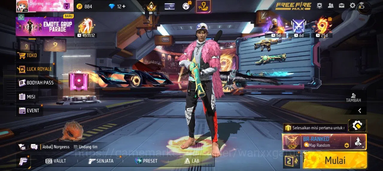 Free Fire Accounts Indonesia | AKUN LVL 56 SG TROMPET,MAMBAH,BUNYY VAULT 123 EMOTE 28 ANIMASI 2 KATANA LOBY 1 FIST 1 TAS 25 1