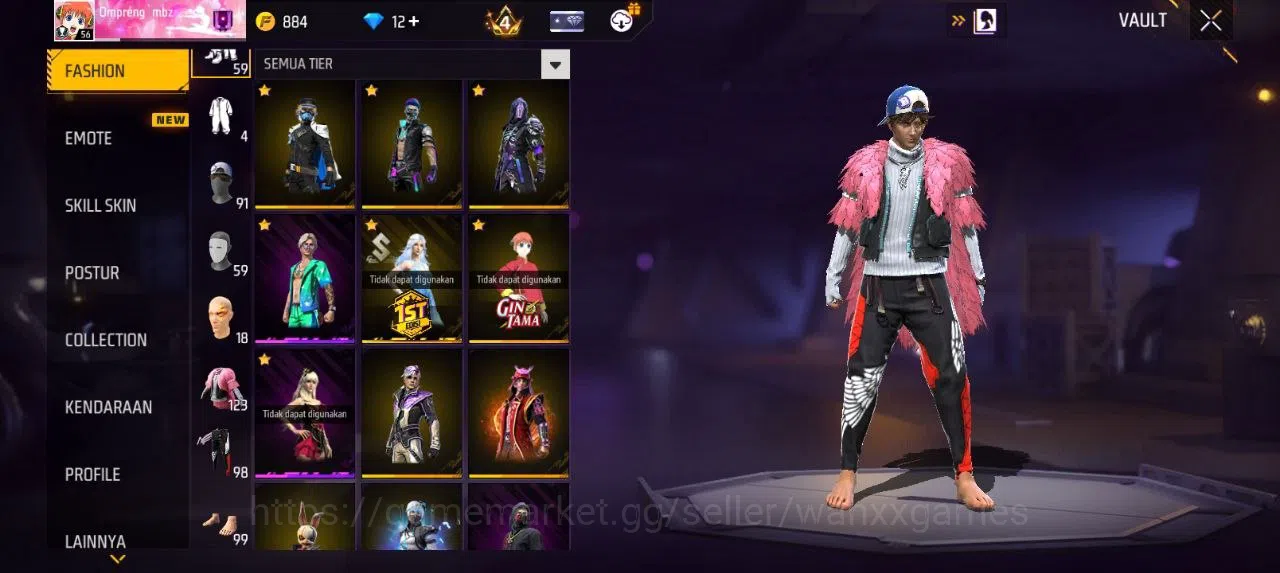 Free Fire Accounts Indonesia | AKUN LVL 56 SG TROMPET,MAMBAH,BUNYY VAULT 123 EMOTE 28 ANIMASI 2 KATANA LOBY 1 FIST 1 TAS 25 2