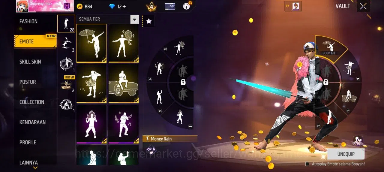 Free Fire Accounts Indonesia | AKUN LVL 56 SG TROMPET,MAMBAH,BUNYY VAULT 123 EMOTE 28 ANIMASI 2 KATANA LOBY 1 FIST 1 TAS 25 4