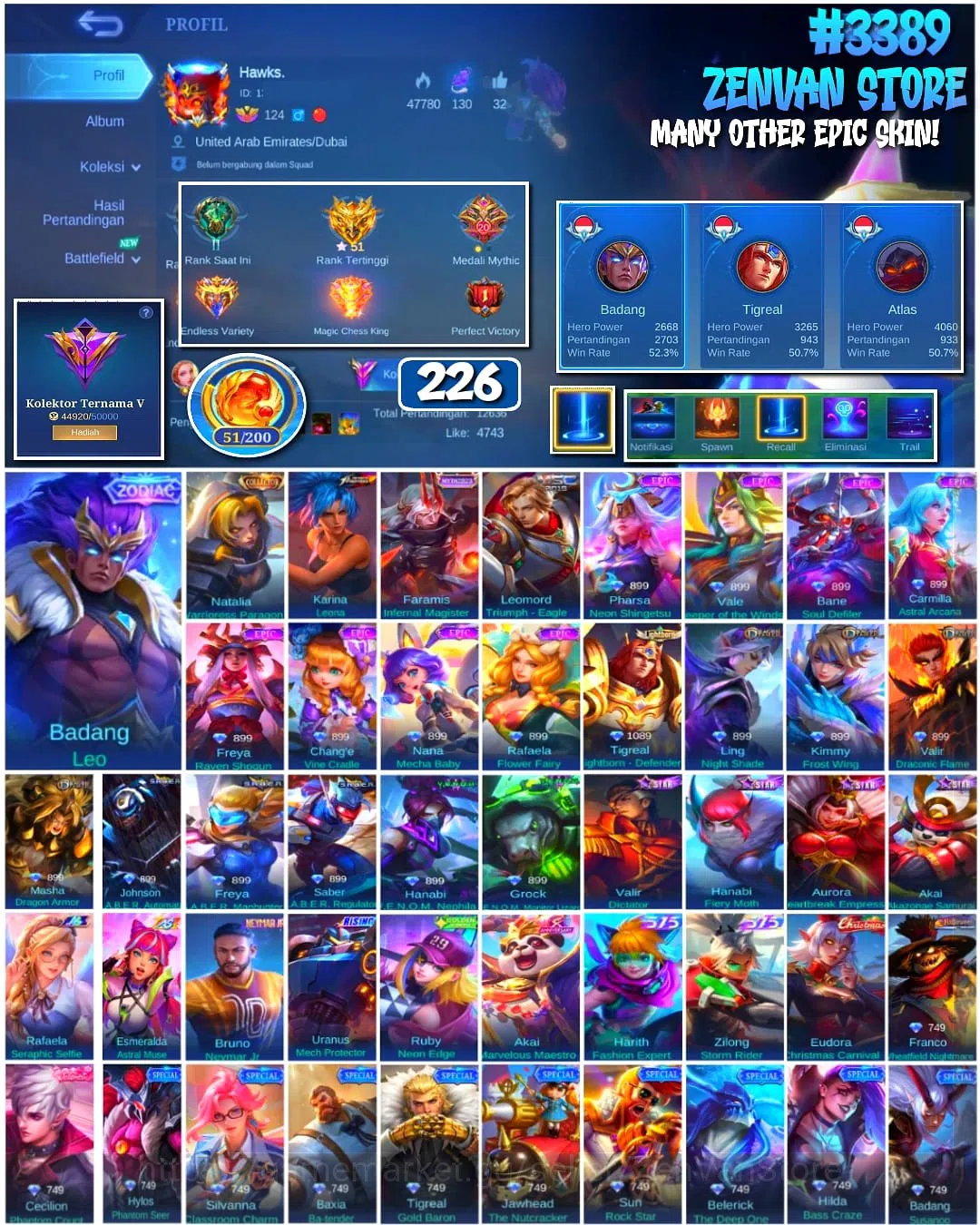 Mobile Legends: Bang Bang Accounts #3389 226 Skins | Collector Natalia | KoF Karina | image 1