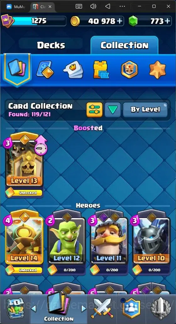 Clash Royale Accounts High-End Global |CL 1275|KTL 13|Trophy 9208|119 Cards|1 Max|6 Champ|3 Hero|8 Evo|773 Gems|40k 14