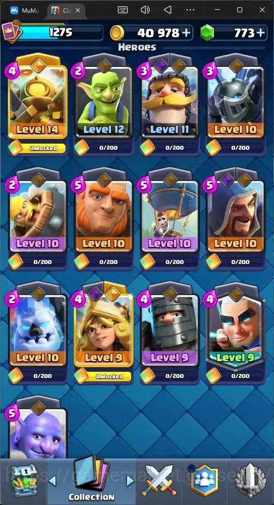 Clash Royale Accounts High-End Global |CL 1275|KTL 13|Trophy 9208|119 Cards|1 Max|6 Champ|3 Hero|8 Evo|773 Gems|40k 15