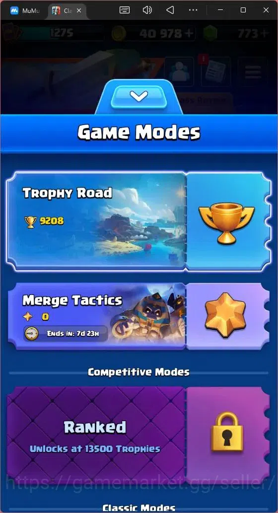Clash Royale Accounts High-End Global |CL 1275|KTL 13|Trophy 9208|119 Cards|1 Max|6 Champ|3 Hero|8 Evo|773 Gems|40k 2