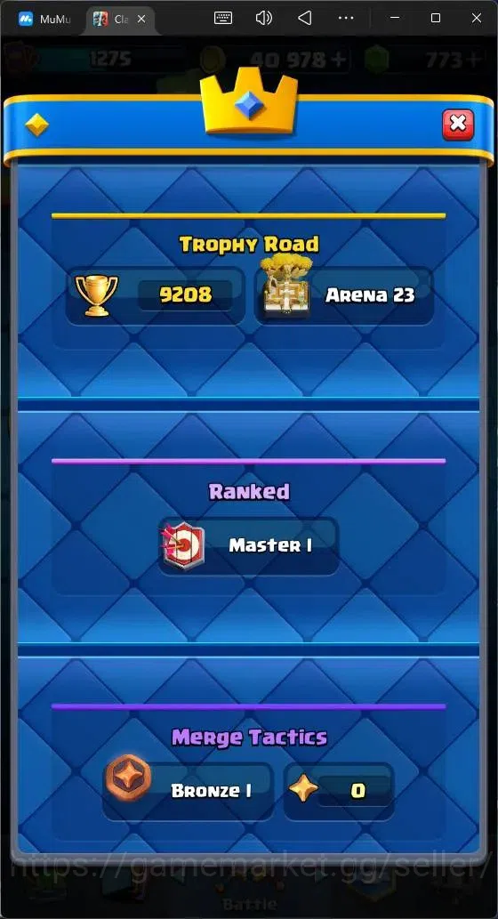 Clash Royale Accounts High-End Global |CL 1275|KTL 13|Trophy 9208|119 Cards|1 Max|6 Champ|3 Hero|8 Evo|773 Gems|40k 4