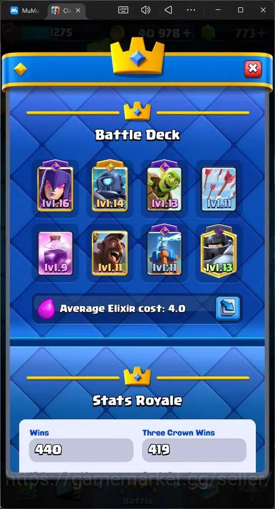Clash Royale Accounts High-End Global |CL 1275|KTL 13|Trophy 9208|119 Cards|1 Max|6 Champ|3 Hero|8 Evo|773 Gems|40k 5