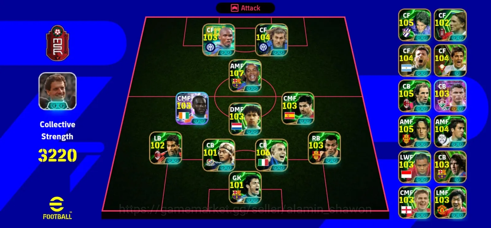 eFootball Accounts Legends & Iconic Players eFootball Account 3220 Strength | 107 AMF | 105 CF | 105 CB | Strong Squad 1
