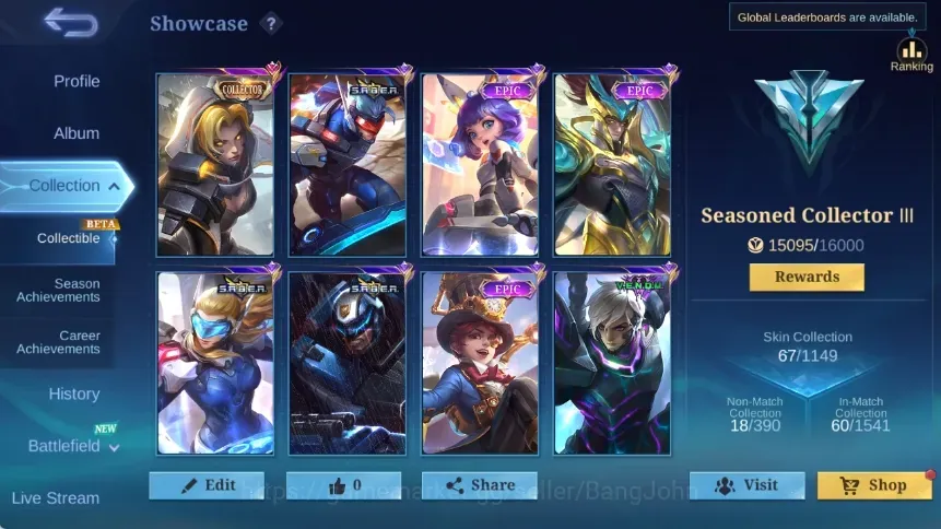 Mobile Legends: Bang Bang Accounts Collector Global|Skin 67|Seasoned|Collector Natalia,Saber Saber + Johnson 1