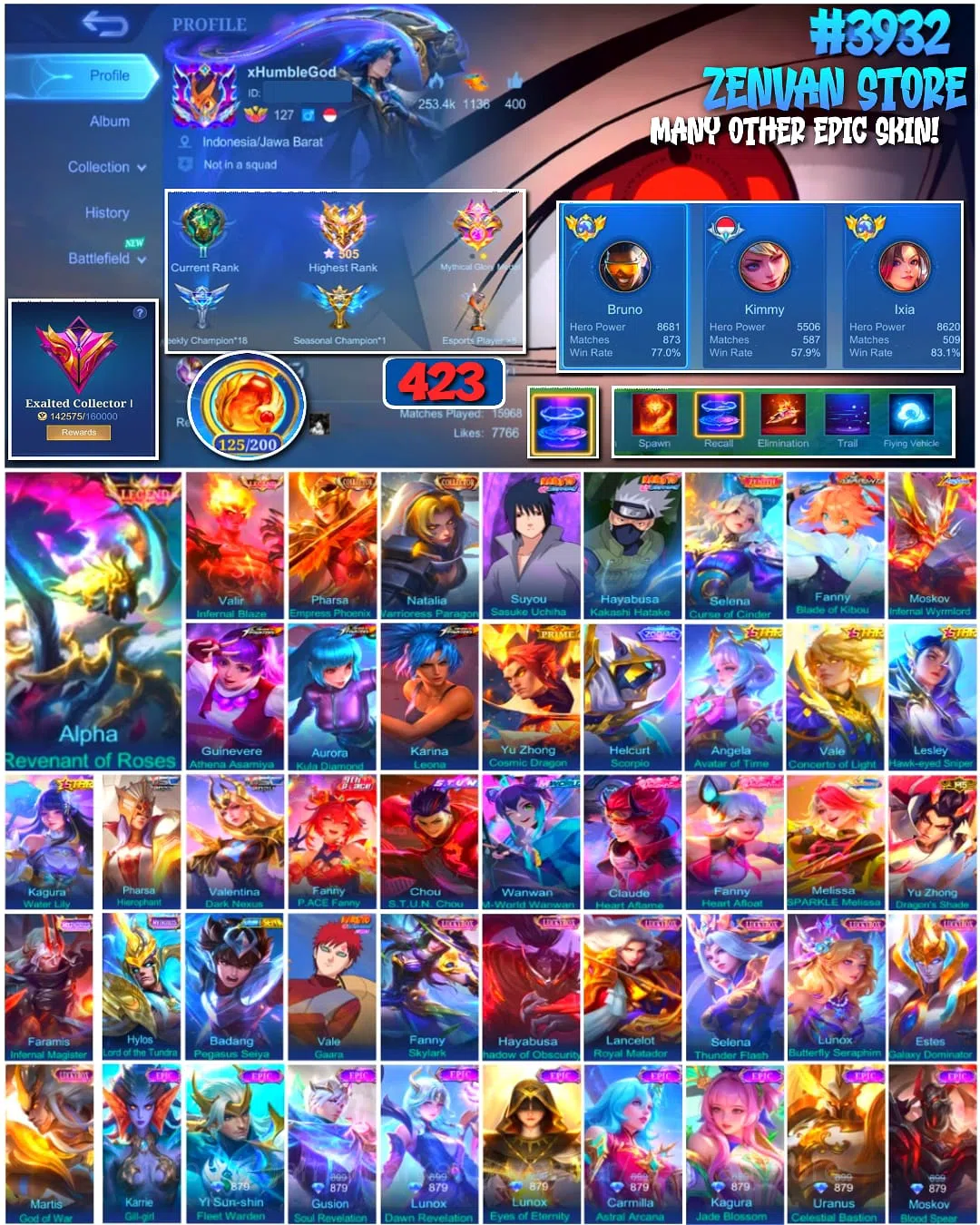 Mobile Legends: Bang Bang Accounts #3932 | 423 Skins | Legend Alpha | Collector Valir, Pharsa & Natalia | Sasuke | Kakashi 1