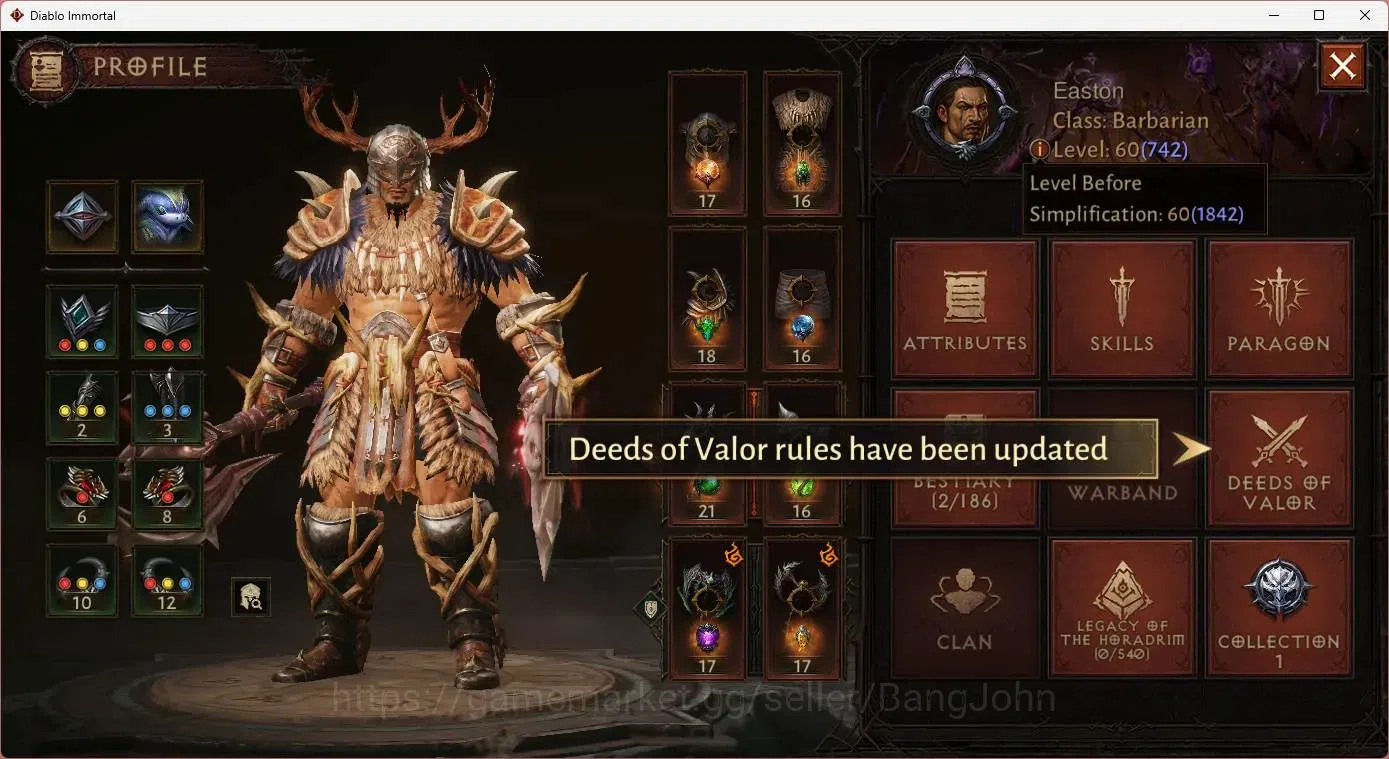 Diablo Immortal Accounts Mid-Tier SA - Oza | 60 (742) Barbarian | CR 42K | Reso 540 | Inferno 4 | 1 Cosmetics |MYRRJEN Lv 30 1