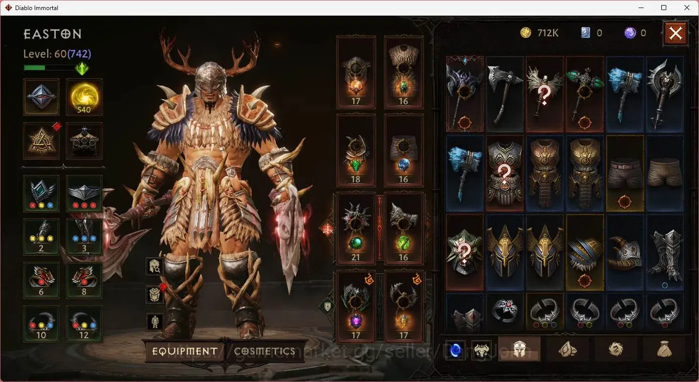 Diablo Immortal Accounts Mid-Tier SA - Oza | 60 (742) Barbarian | CR 42K | Reso 540 | Inferno 4 | 1 Cosmetics |MYRRJEN Lv 30 5