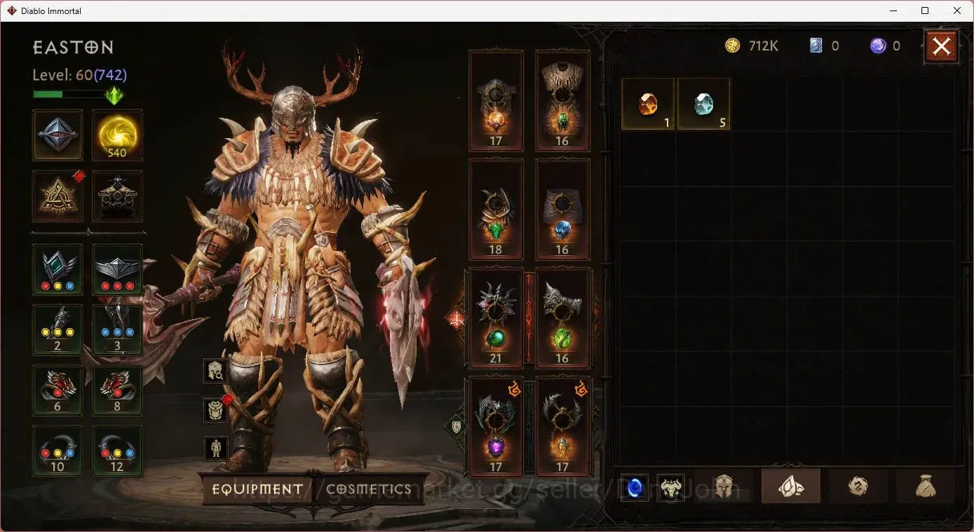 Diablo Immortal Accounts Mid-Tier SA - Oza | 60 (742) Barbarian | CR 42K | Reso 540 | Inferno 4 | 1 Cosmetics |MYRRJEN Lv 30 6